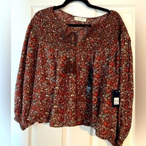 Lucky Brand Ladies XL Blouse with long sleeves, brown, orange, white design
